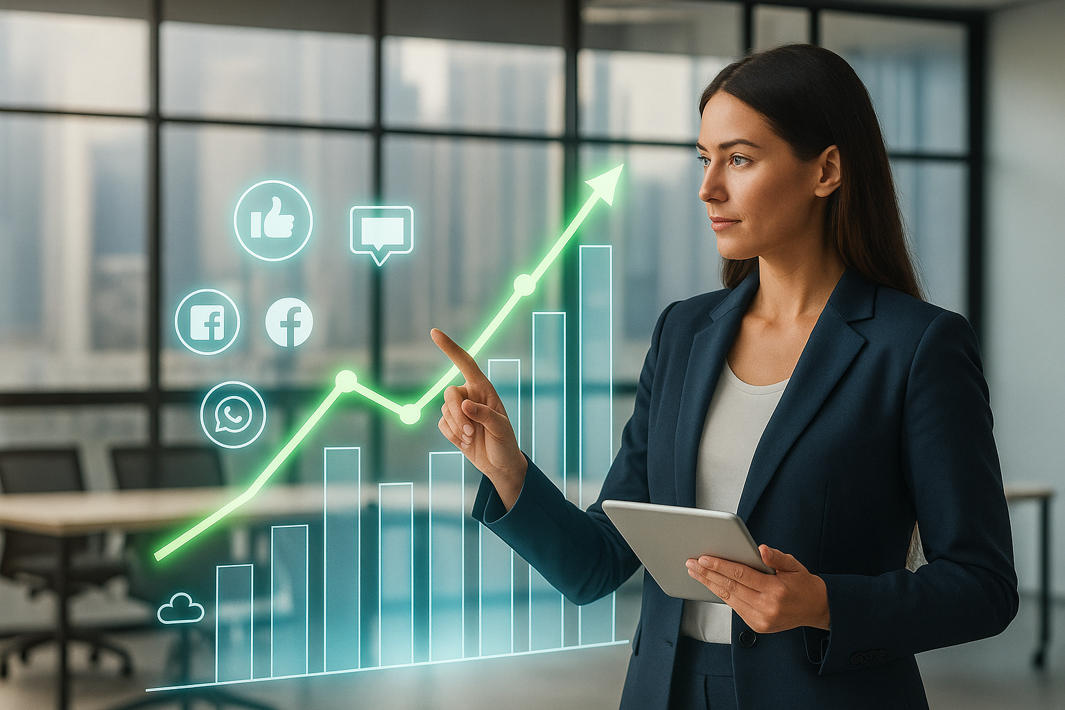 Ilustração de uma mulher analisando um gráfico de crescimento em um painel digital, simbolizando o crescimento de negócios online.